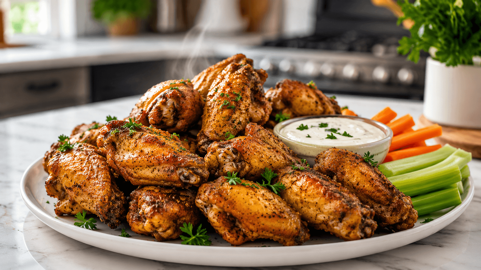 Easy crispy baked chicken wings on a serving platter