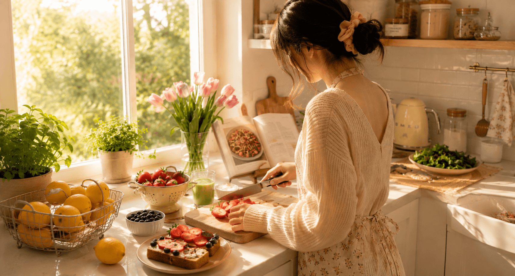 Cooking in a bright kitchen