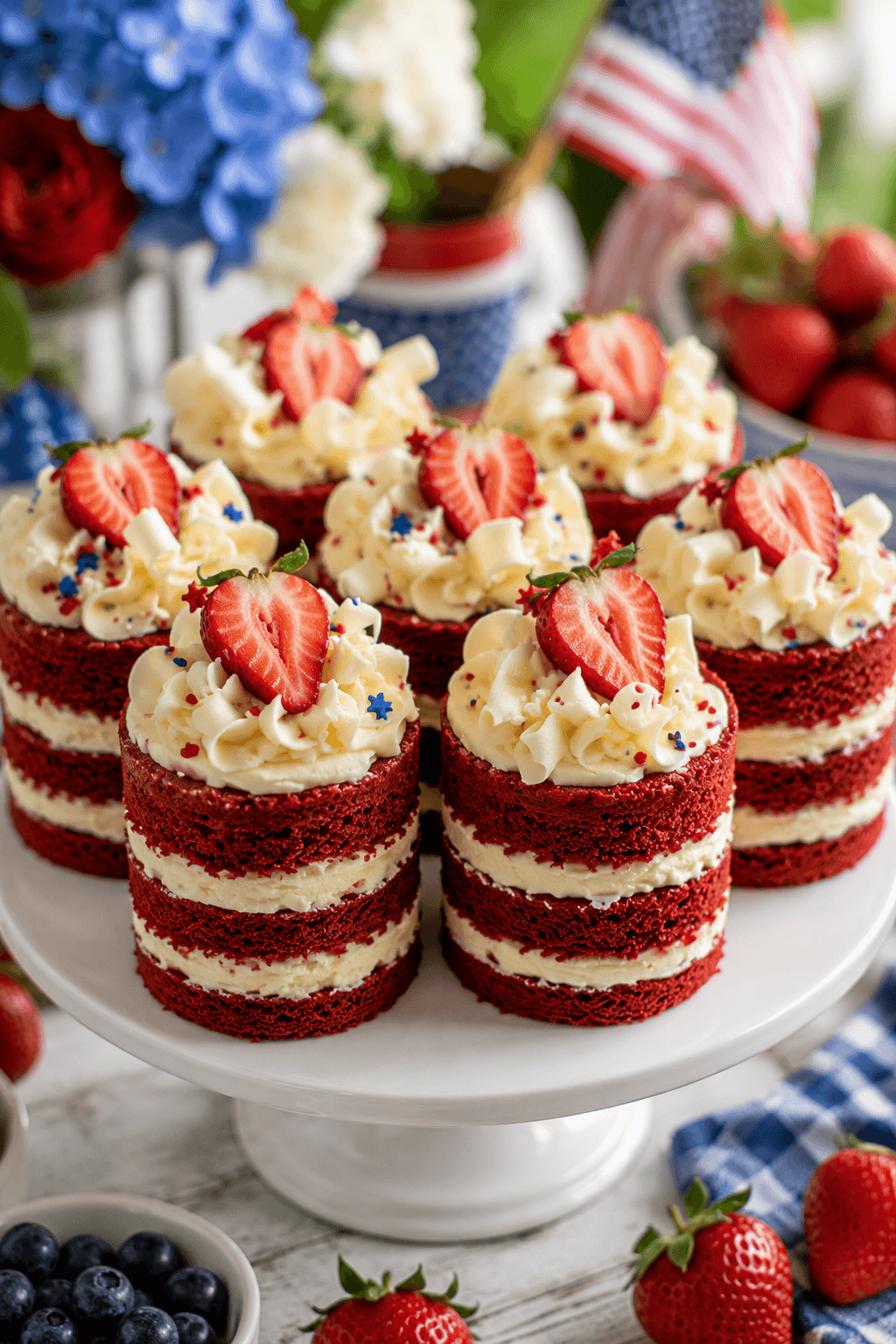 Elegant red velvet mini cakes with cream cheese frosting and fresh berries