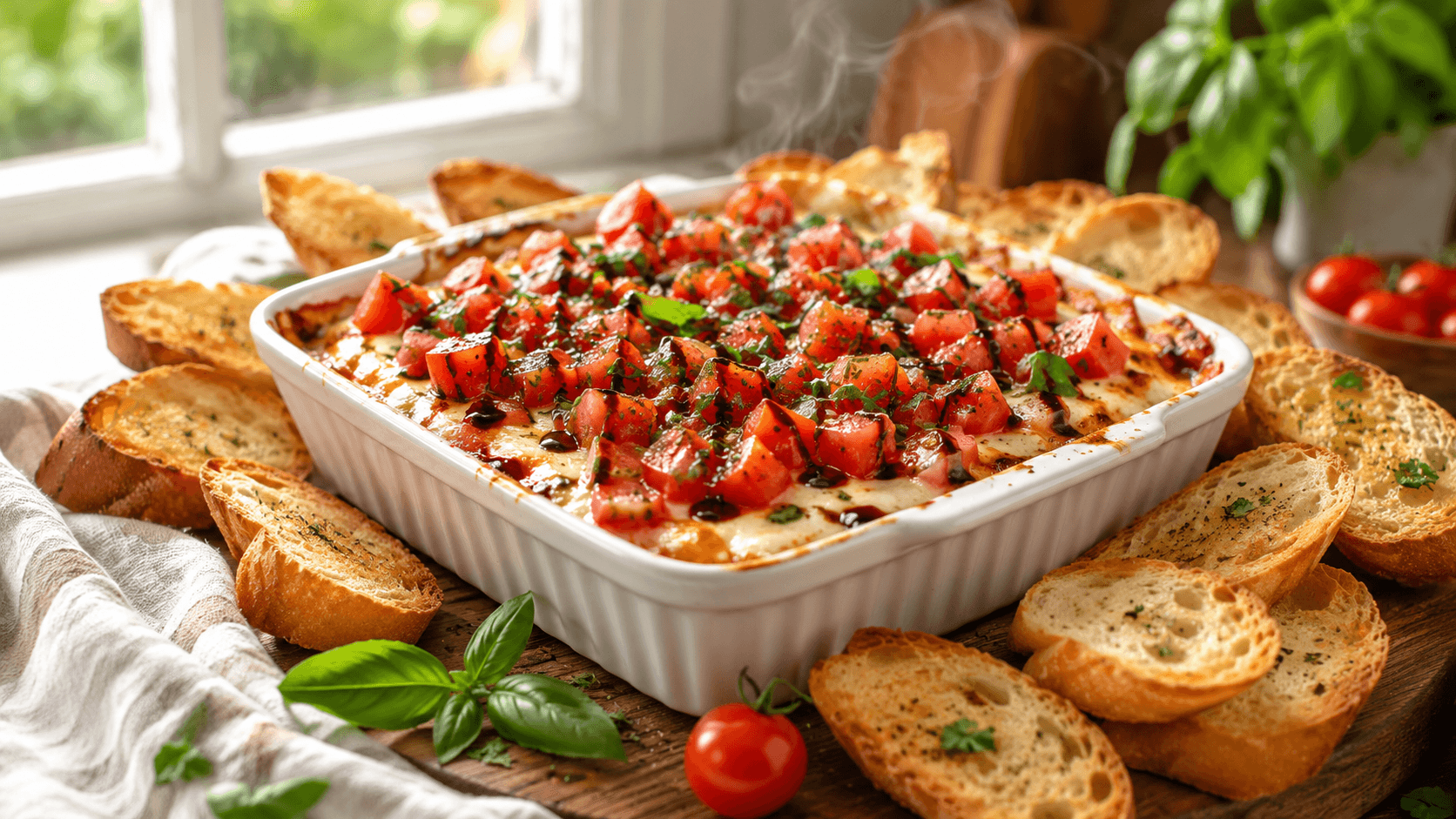 Warm baked bruschetta dip topped with tomatoes and basil in a white baking dish with crostini